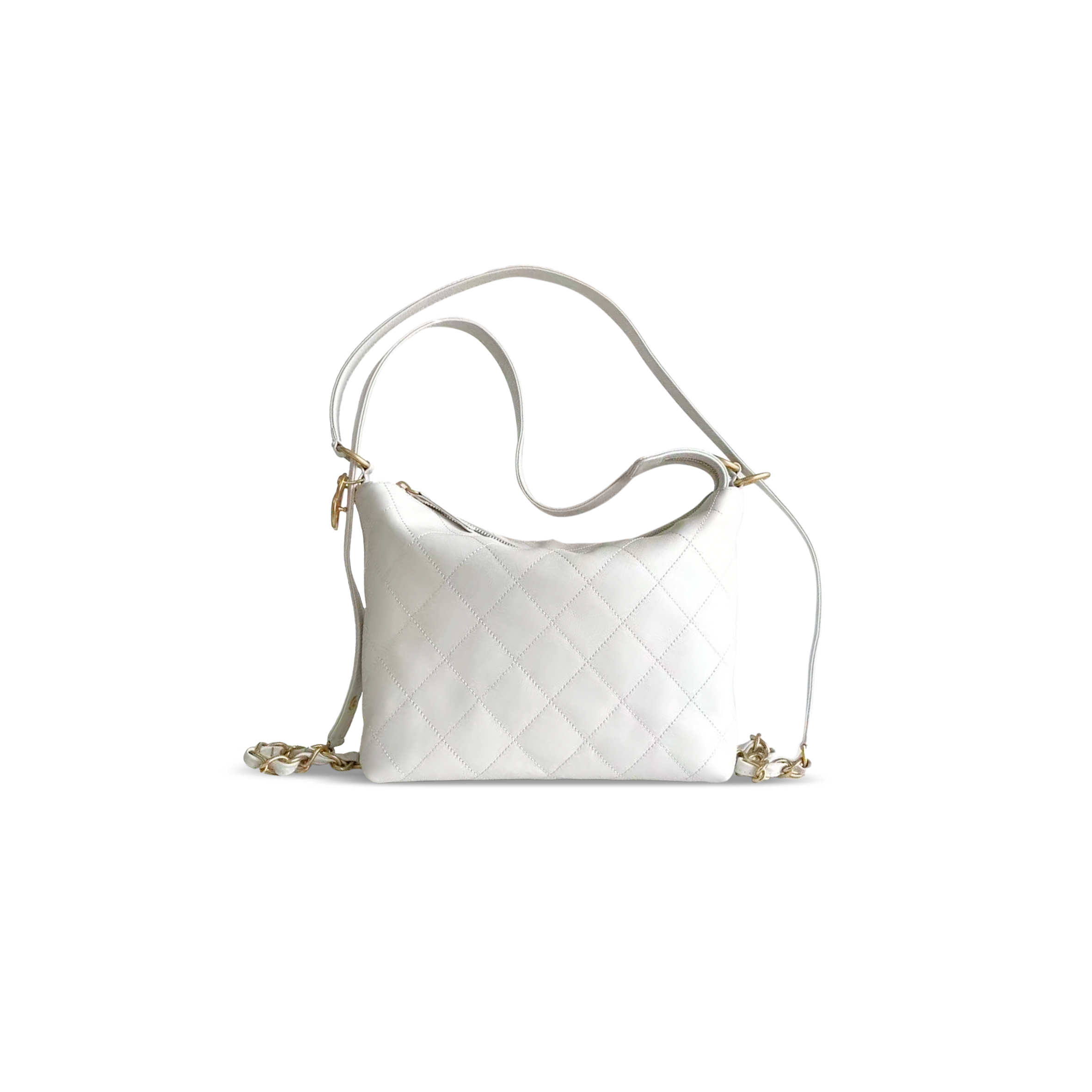 Ch*el medium backpack calfskin & gold-tone metal white 306621 (31*20*8.5cm)